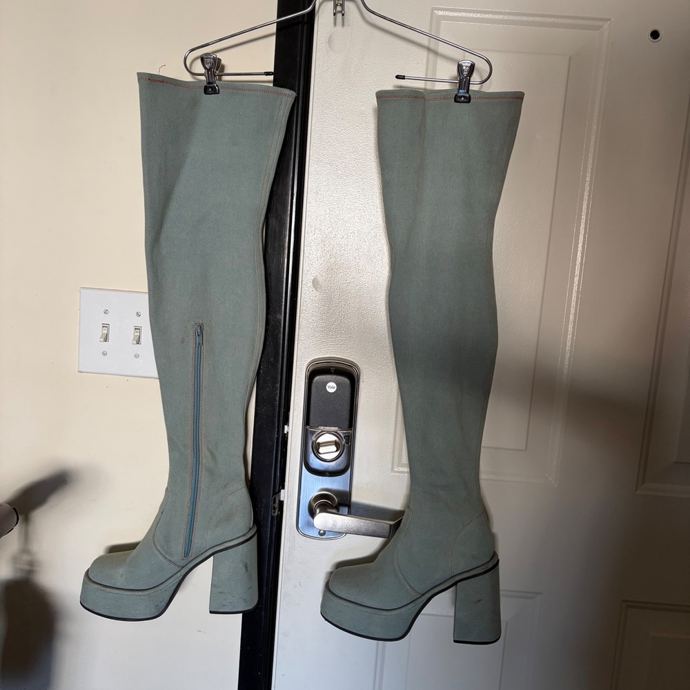 Dolls Kill Poster Girlfriend Denim Knee High Platform Boots Light Wash Blue 7